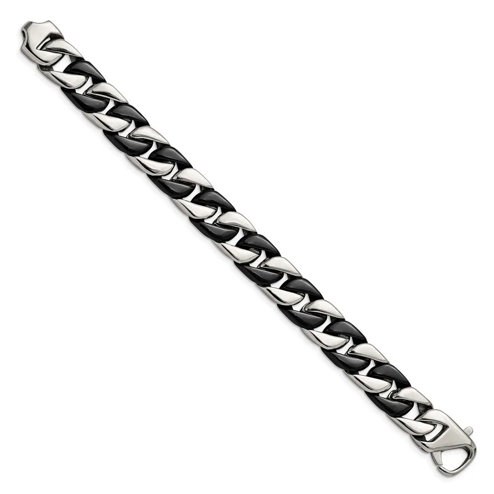 14mm Stainless Steel & Black Plated Curb Chain Bracelet, 8.75 Inch