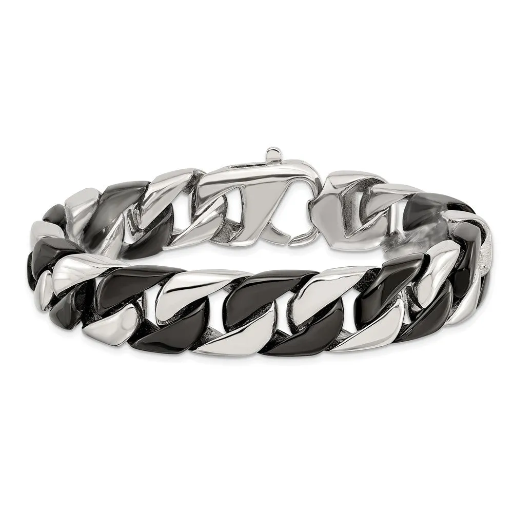 14mm Stainless Steel & Black Plated Curb Chain Bracelet, 8.75 Inch