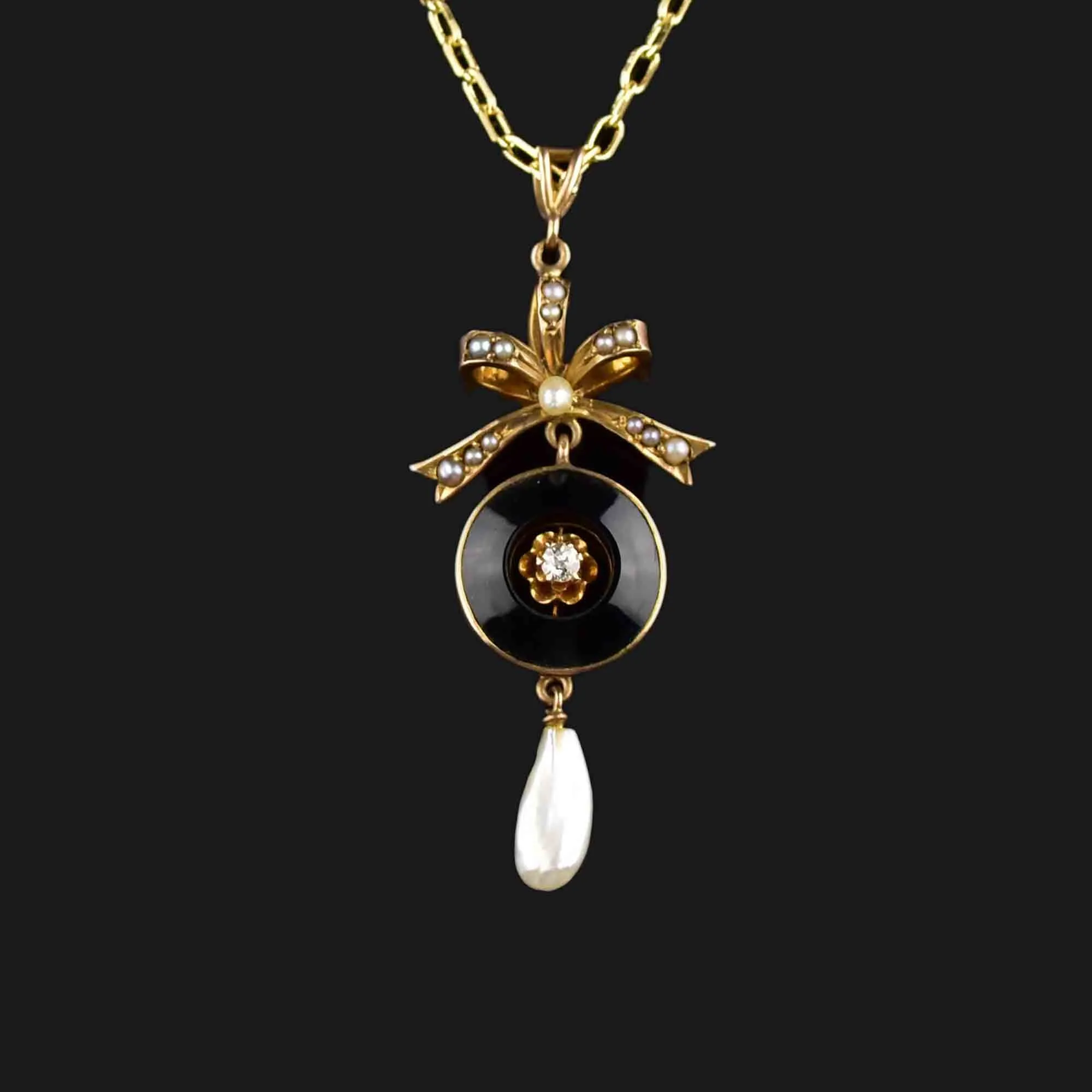 Art Deco 10K Gold Diamond Onyx Pearl Pendant Necklace