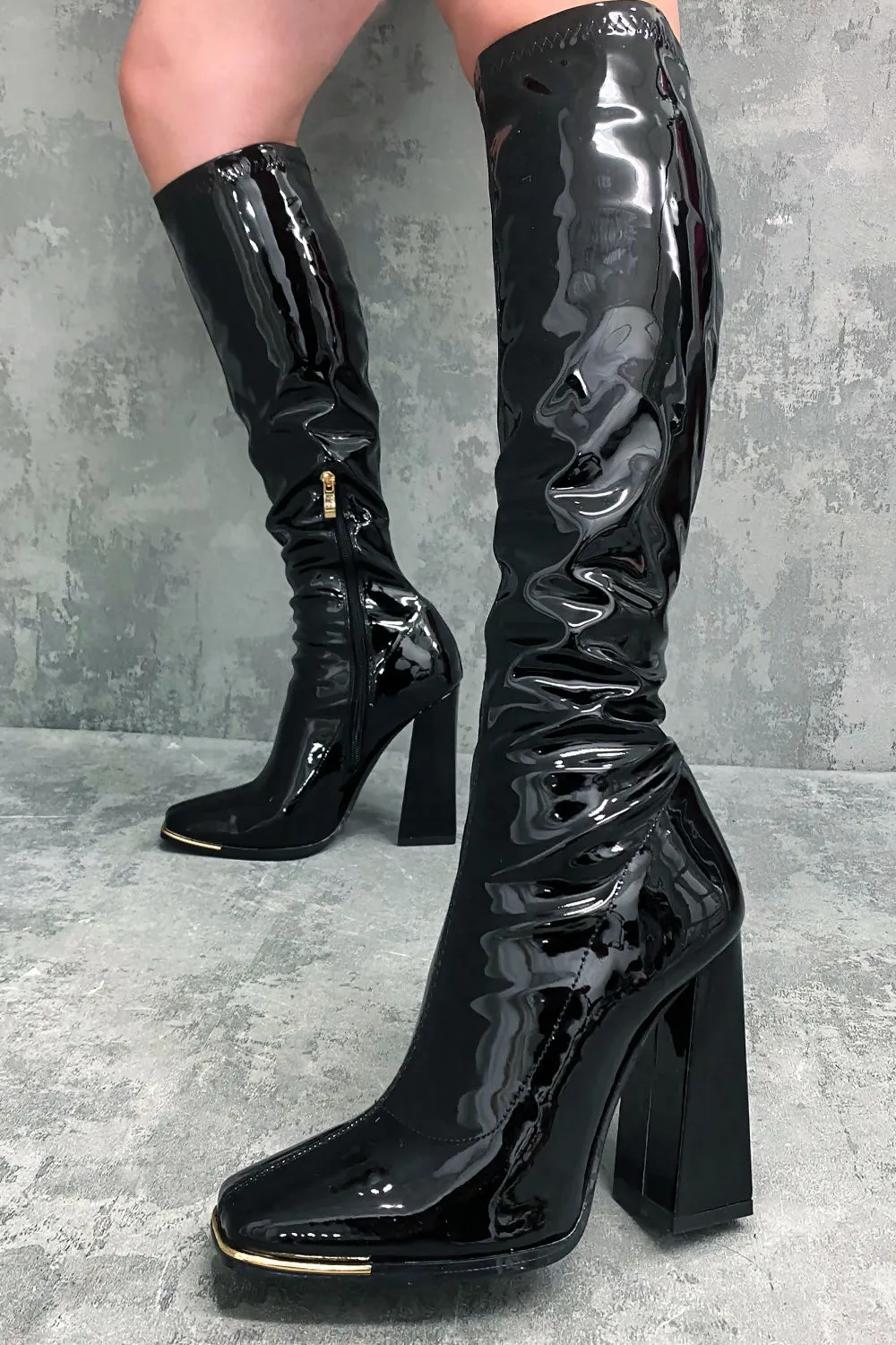 Black Patent Knee High Boots