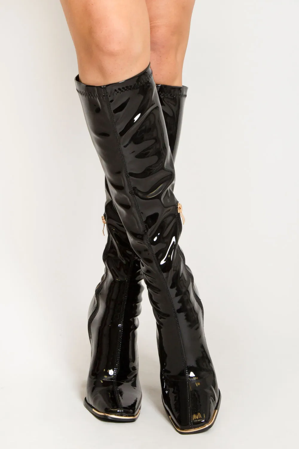 Black Patent Knee High Boots