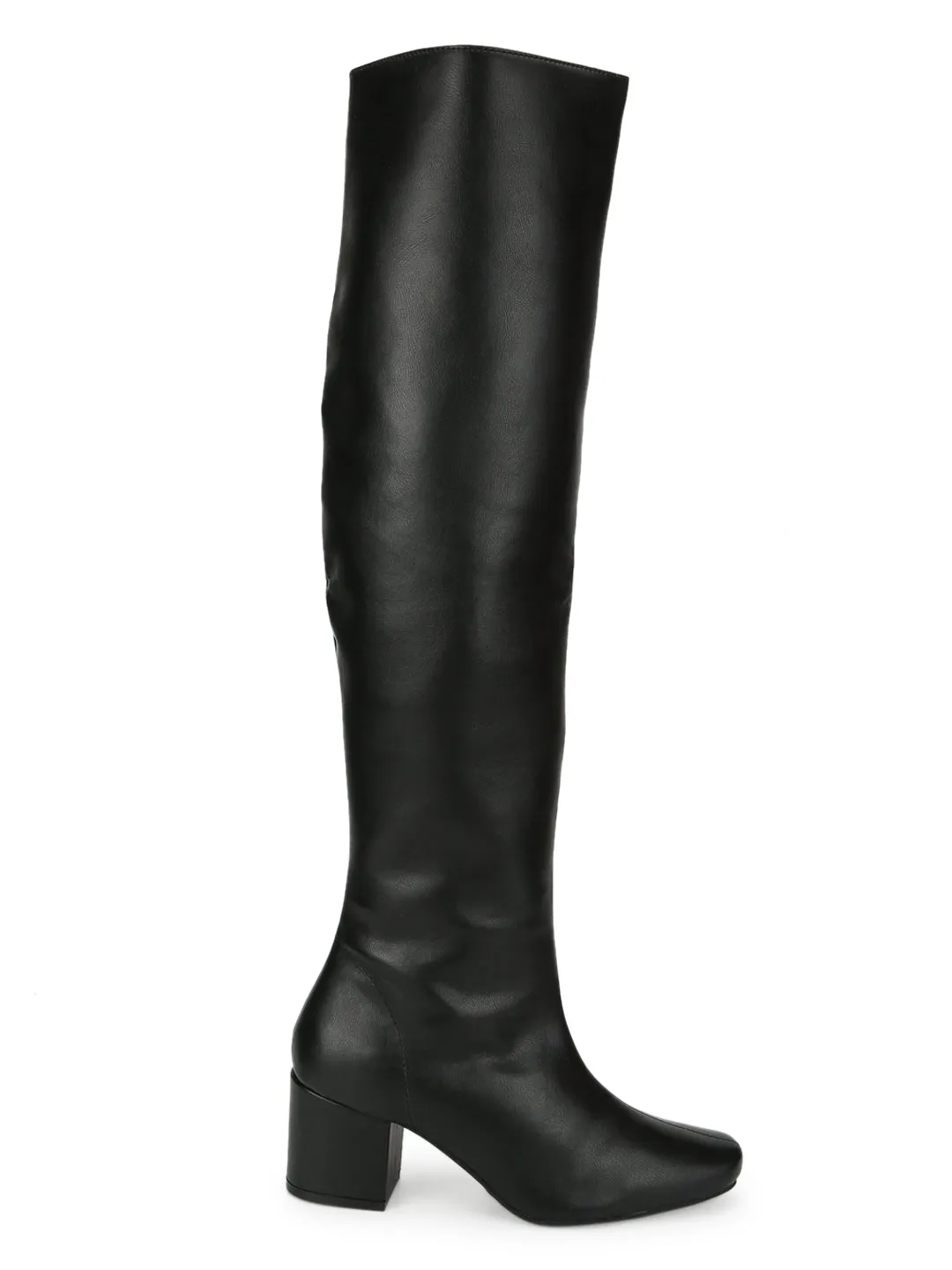 Black PU Block Heel Knee High Boots