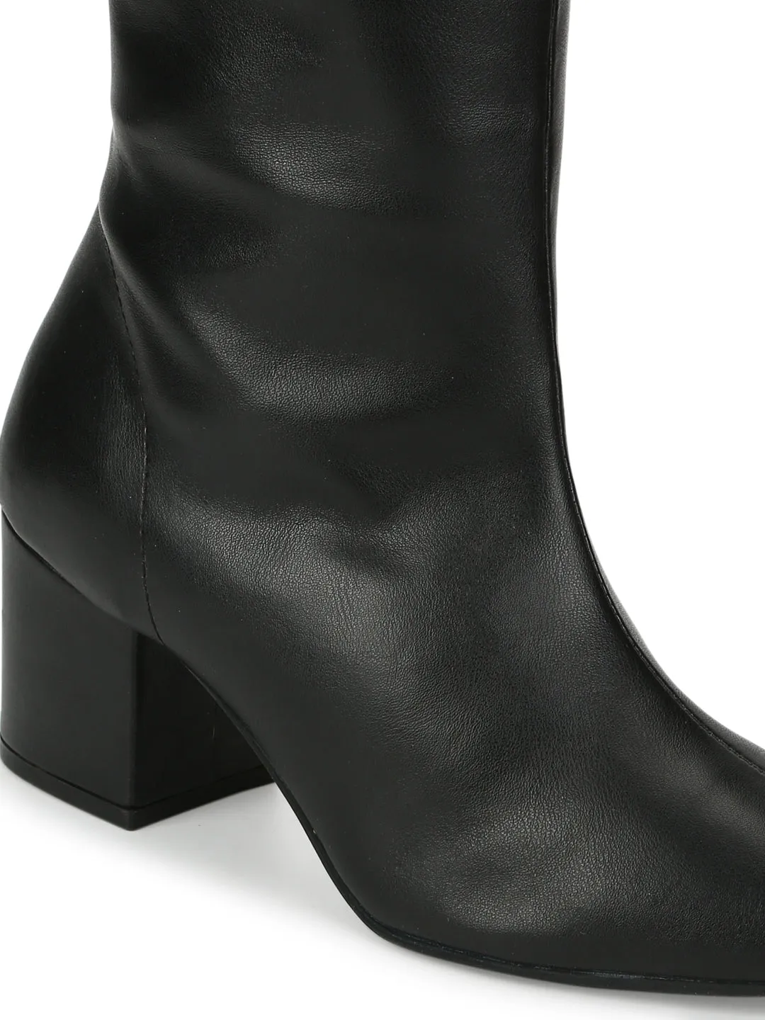 Black PU Block Heel Knee High Boots