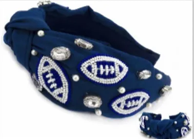 Blue and White Seed Bead Football Gameday Headband