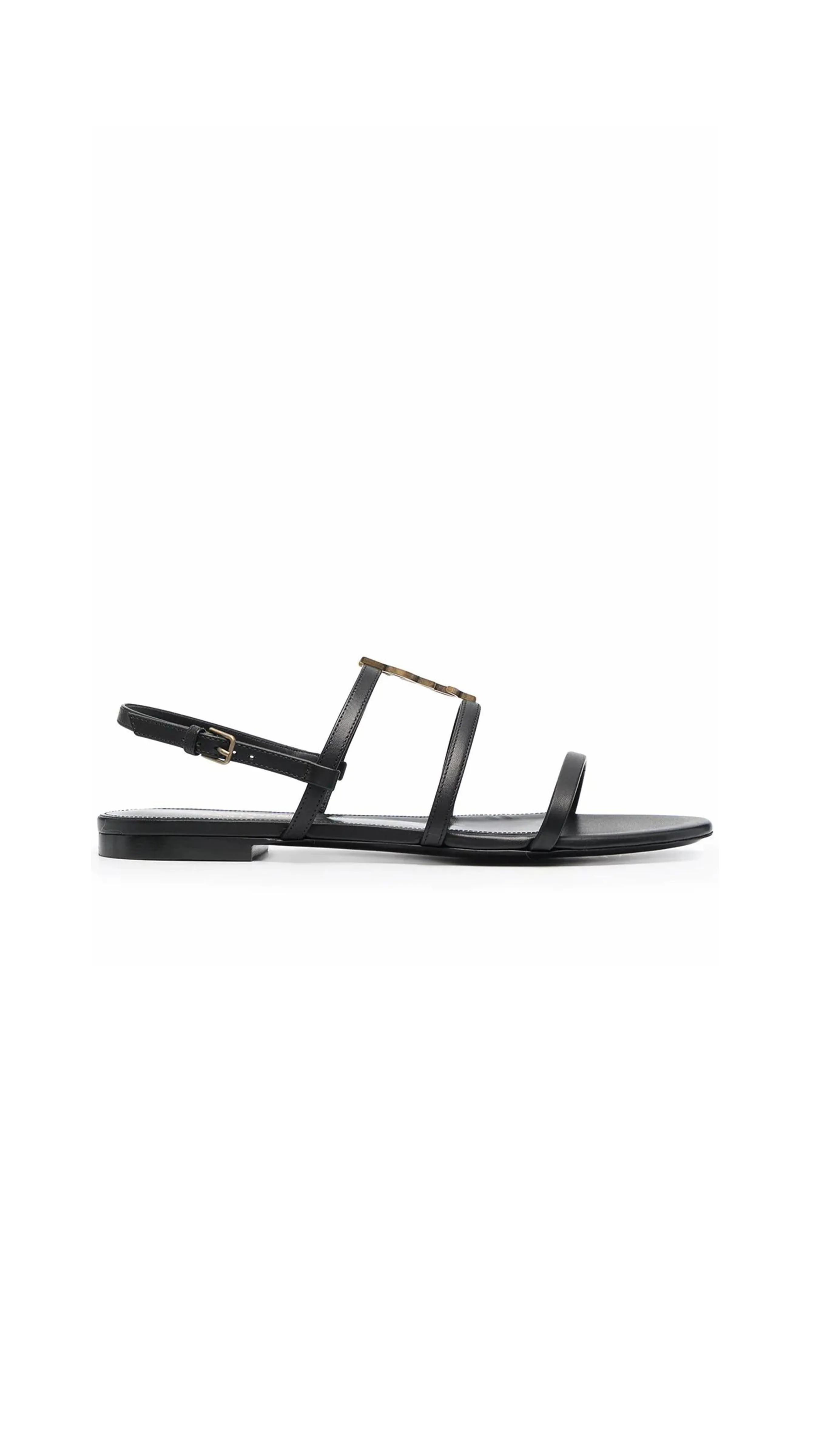 Cassandra Flat Sandals in Smooth Leather with Gold-Tone Monogram - Black