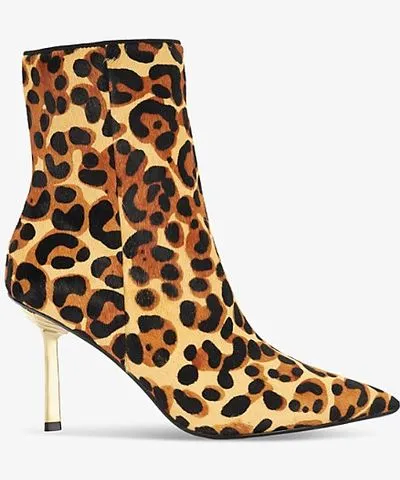 Dune Womens Leopard Print Pony Olara stiletto-heel leather ankle boots