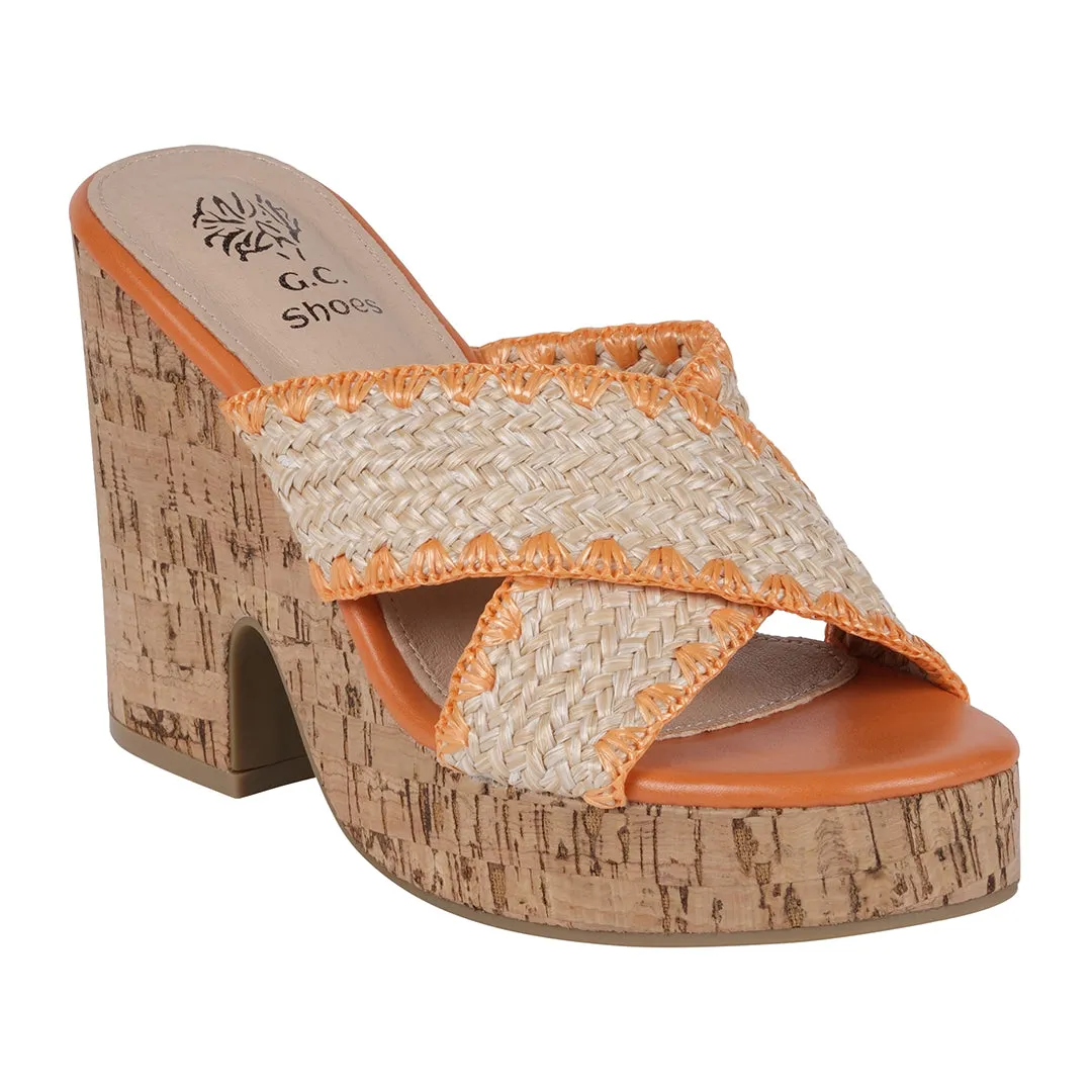 Elsa Orange Woven Cross Strap Wooden Platform Heeled Sandals