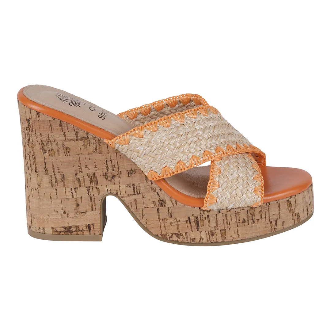 Elsa Orange Woven Cross Strap Wooden Platform Heeled Sandals