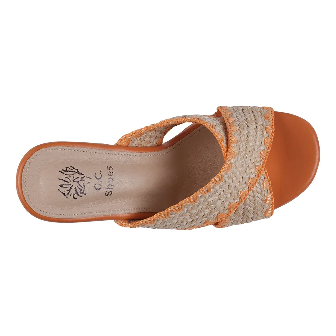 Elsa Orange Woven Cross Strap Wooden Platform Heeled Sandals