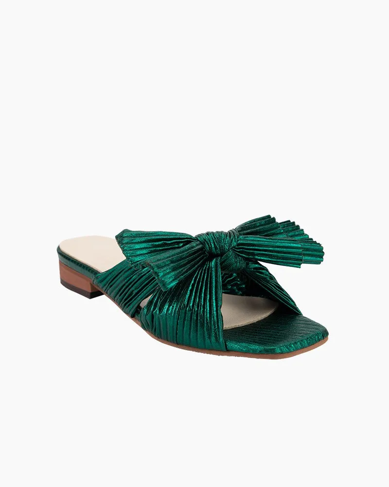 Green Pleated Bow Open Toe Flat Sandals