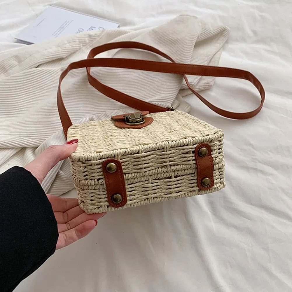 Handmade Candy Color Women's Straw Bag Female Shoulder Crossbody Bags Bohemia Summer Woven Beach Bag Knitted Square Box Handbag