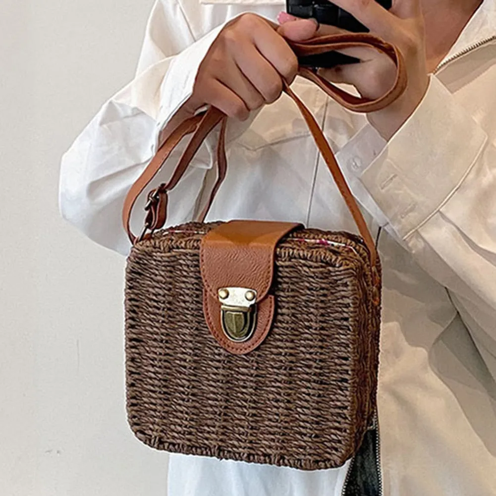 Handmade Candy Color Women's Straw Bag Female Shoulder Crossbody Bags Bohemia Summer Woven Beach Bag Knitted Square Box Handbag