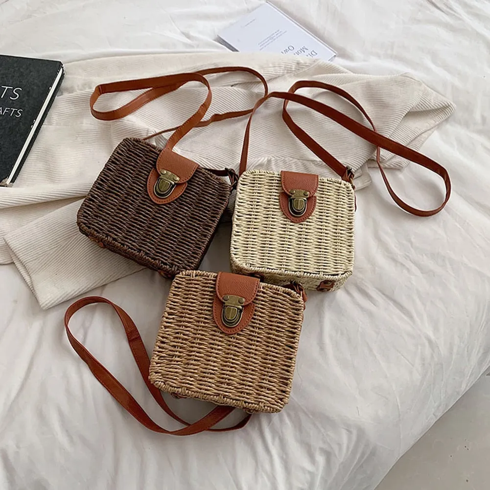 Handmade Candy Color Women's Straw Bag Female Shoulder Crossbody Bags Bohemia Summer Woven Beach Bag Knitted Square Box Handbag