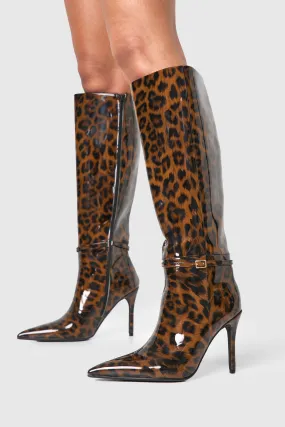 Leopard Stiletto Pointed Knee High Boots