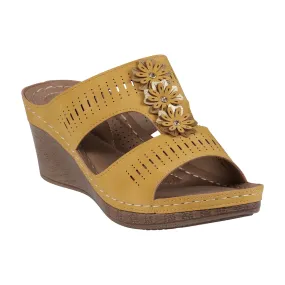 Lisette Perforated Yellow T-Strap Flower Wedge Sandals