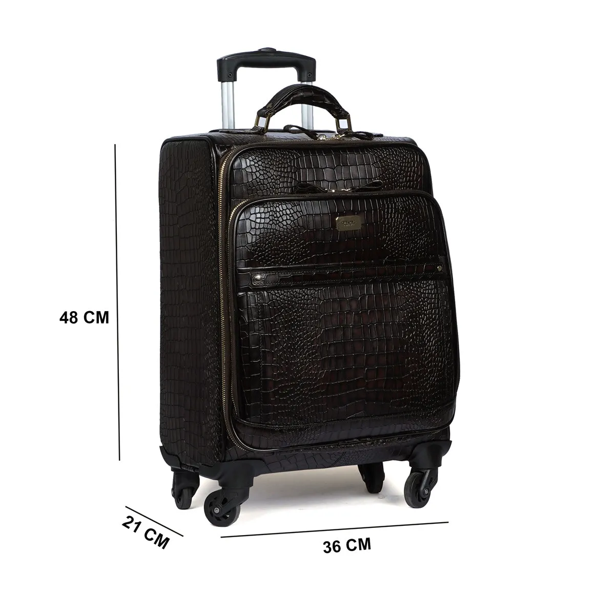 Luxuriously Deep Cut Croco Dark Brown Quad Wheel Cabin Luggage Leather Strolley Travel Bag by Brune & Bareskin