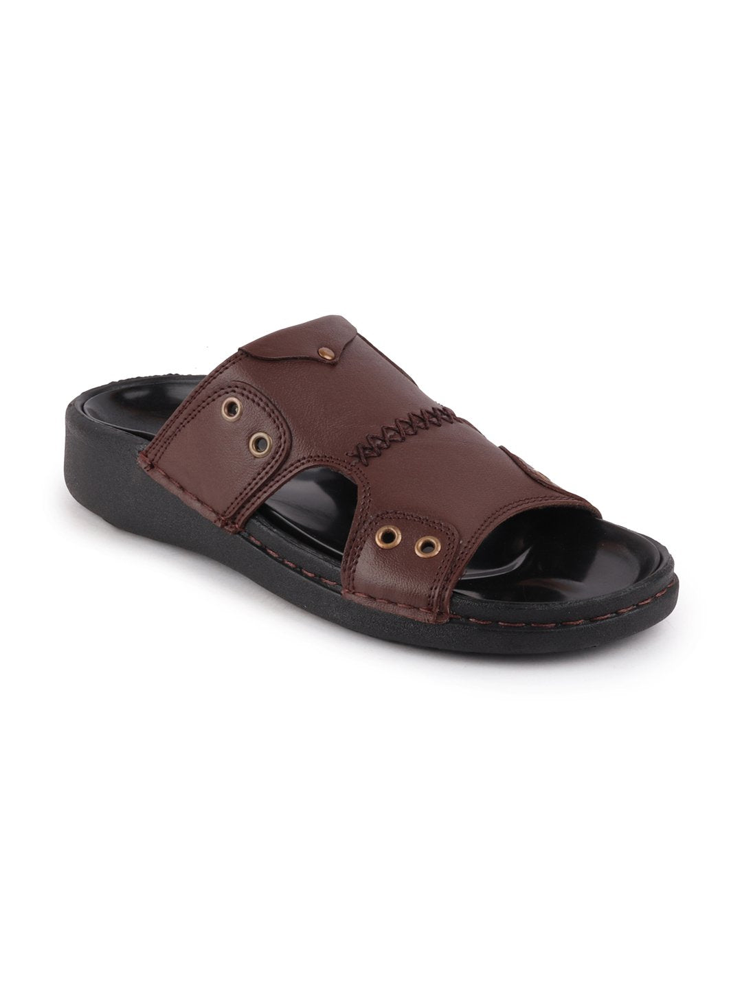 Men Brown Casual Leather Slip-On Pad Slippers