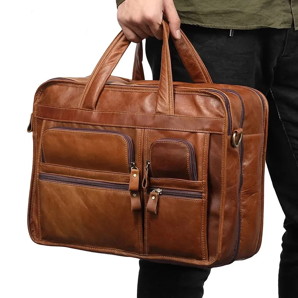 Men‘s Genuine Leather Briefcase 15.6 inch Laptop Casual Business Tote Bags