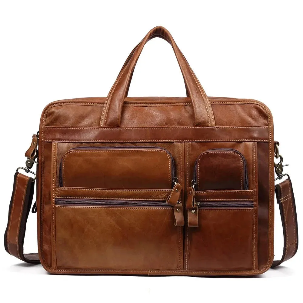 Men‘s Genuine Leather Briefcase 15.6 inch Laptop Casual Business Tote Bags