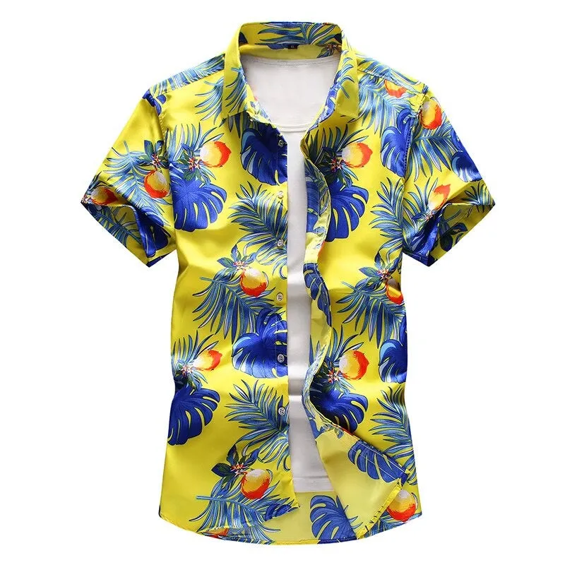 Men's Summer Yellow Short Sleeve Slim Fit Casual Beachwear Shirt