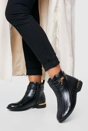 Metal Trim Detail Croc Ankle Boots