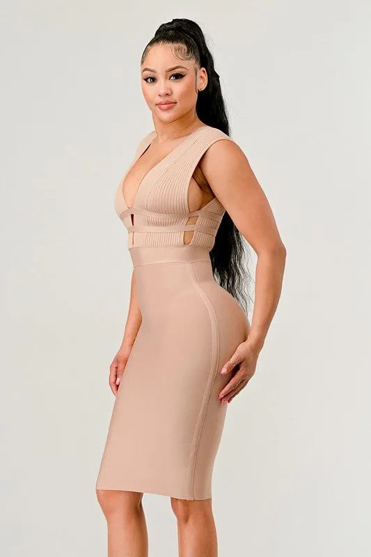 Nude Deep Plunge Bandage Dress