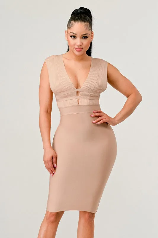 Nude Deep Plunge Bandage Dress