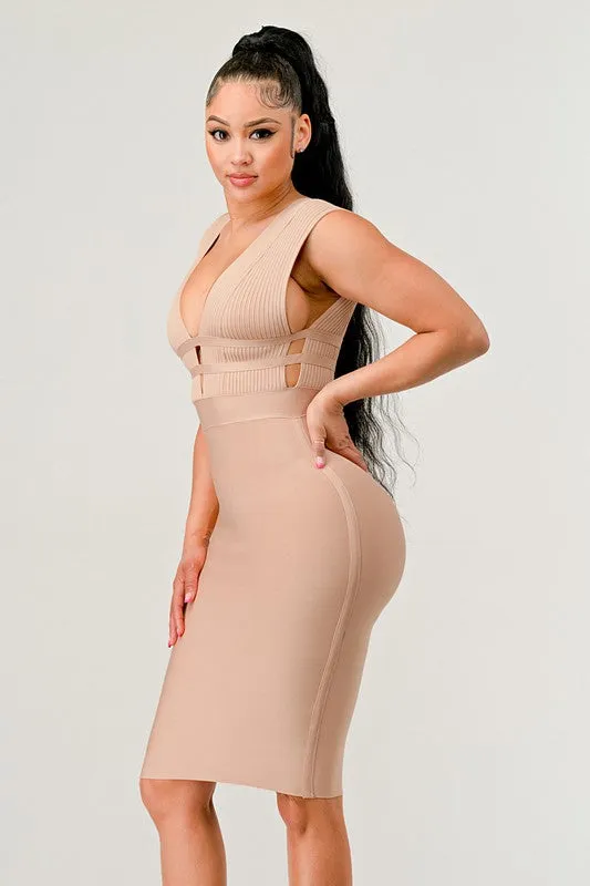 Nude Deep Plunge Bandage Dress