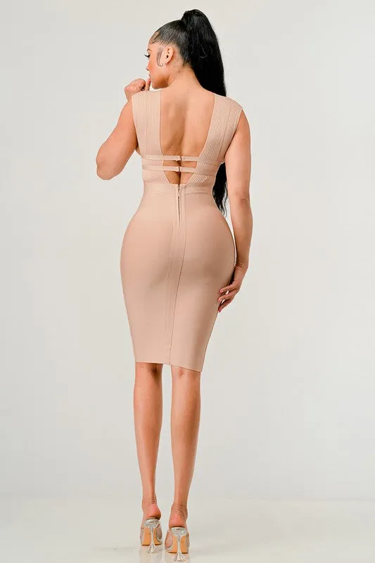 Nude Deep Plunge Bandage Dress