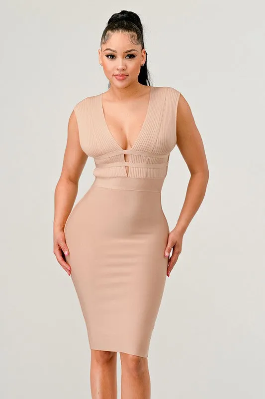 Nude Deep Plunge Bandage Dress