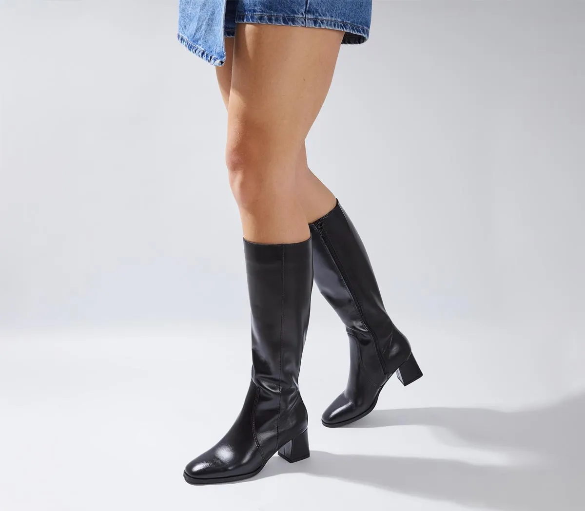 OFFICE Kleo Block Heel Knee High Boots Black Leather