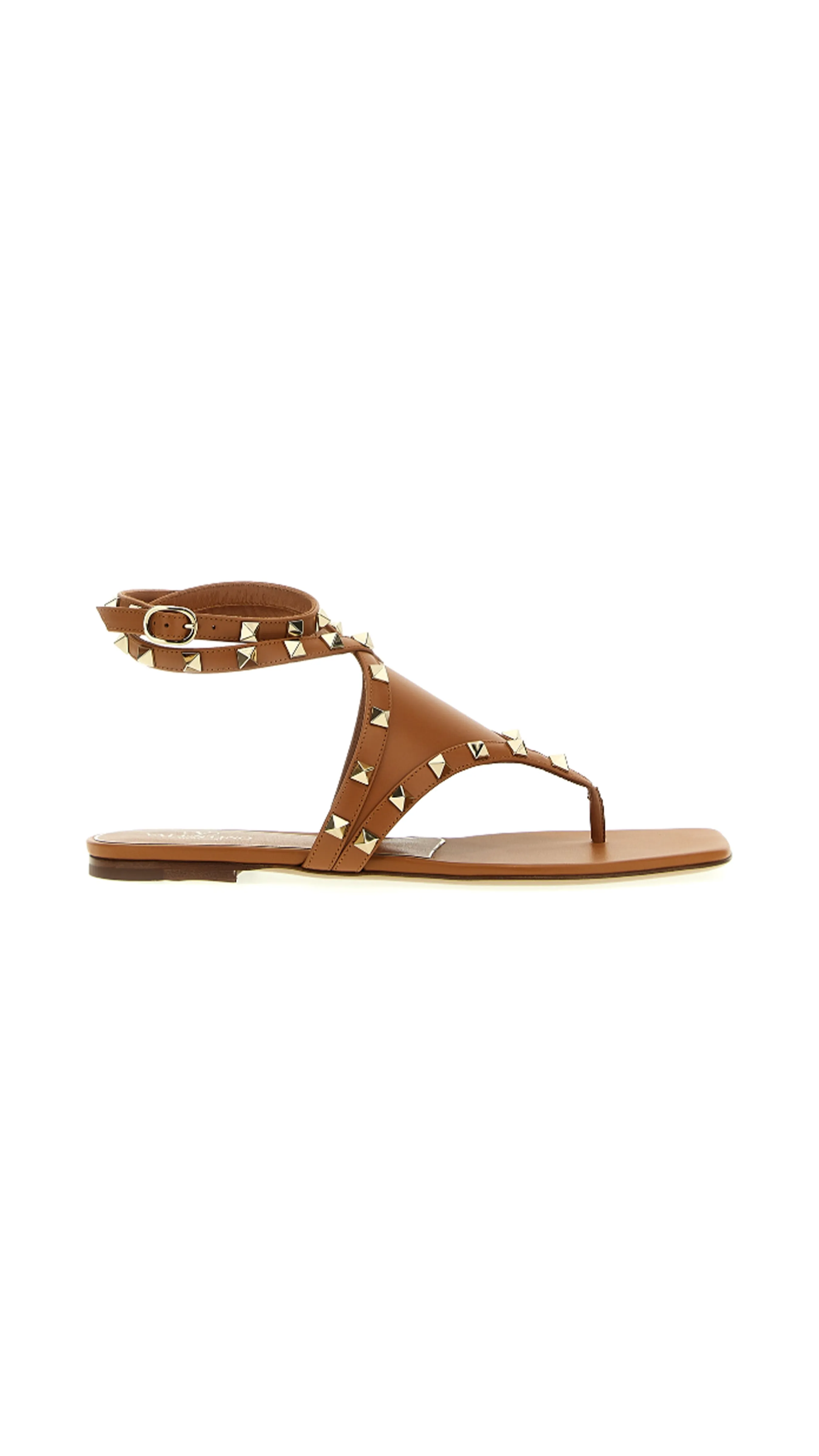 Rockstud Flat Thong Sandals with Straps - Saddle Brown