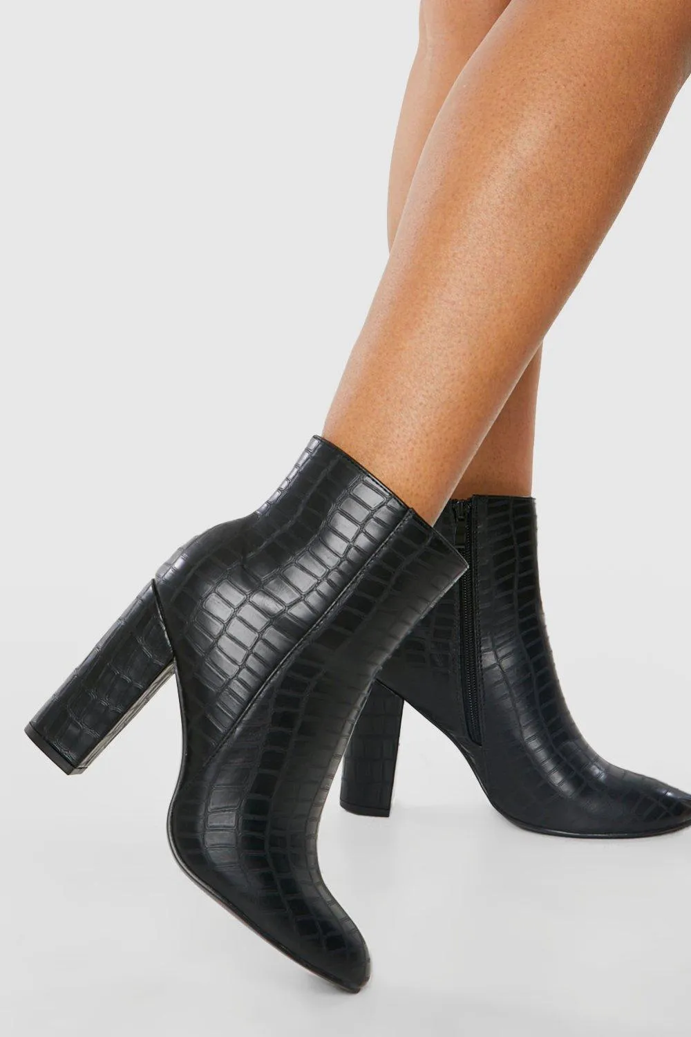 Round Toe Croc Block Heel Ankle Boots