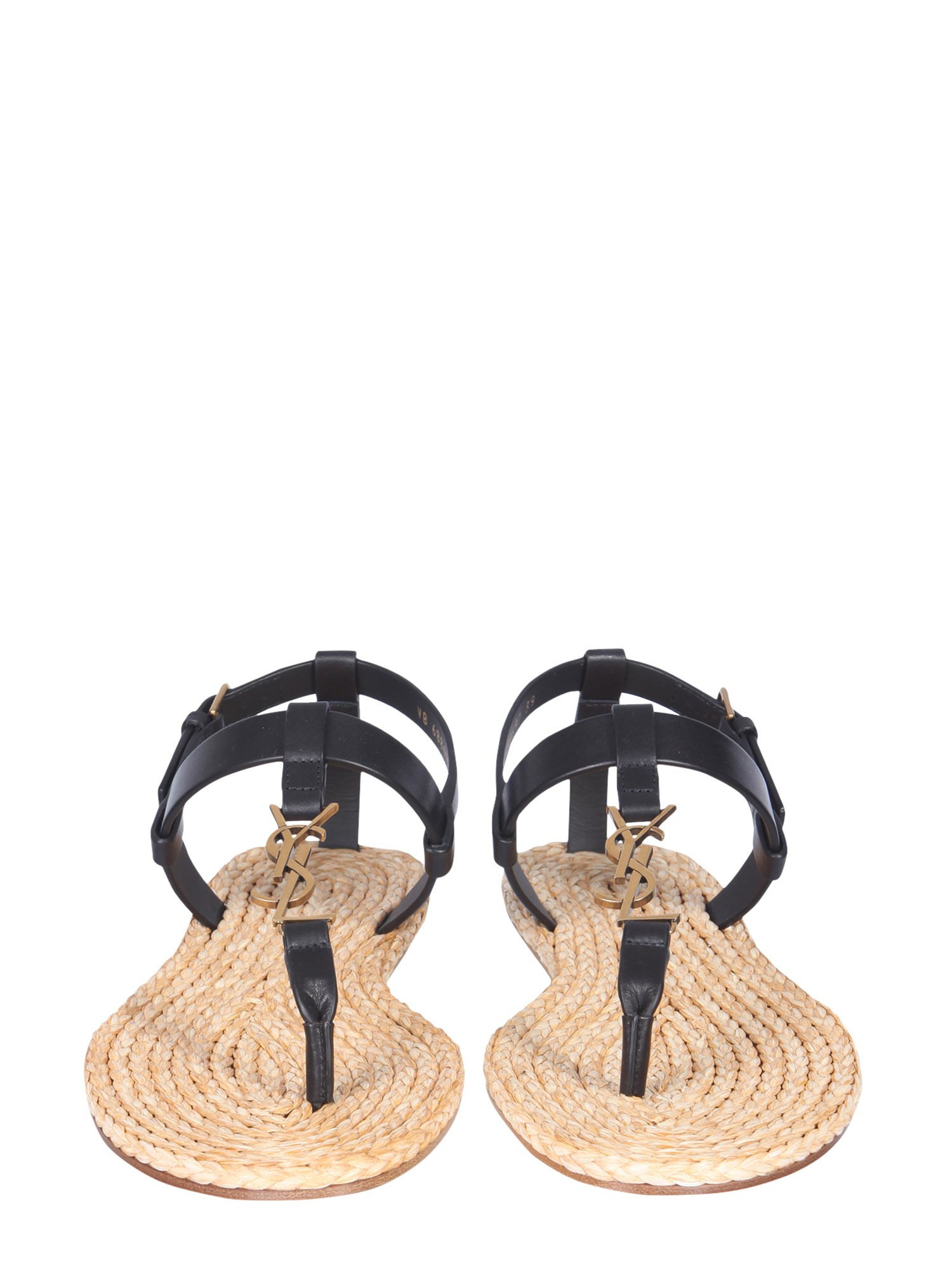 SAINT LAURENT    CASSANDRA SMOOTH LEATHER MONOGRAMMED FLAT SANDALS