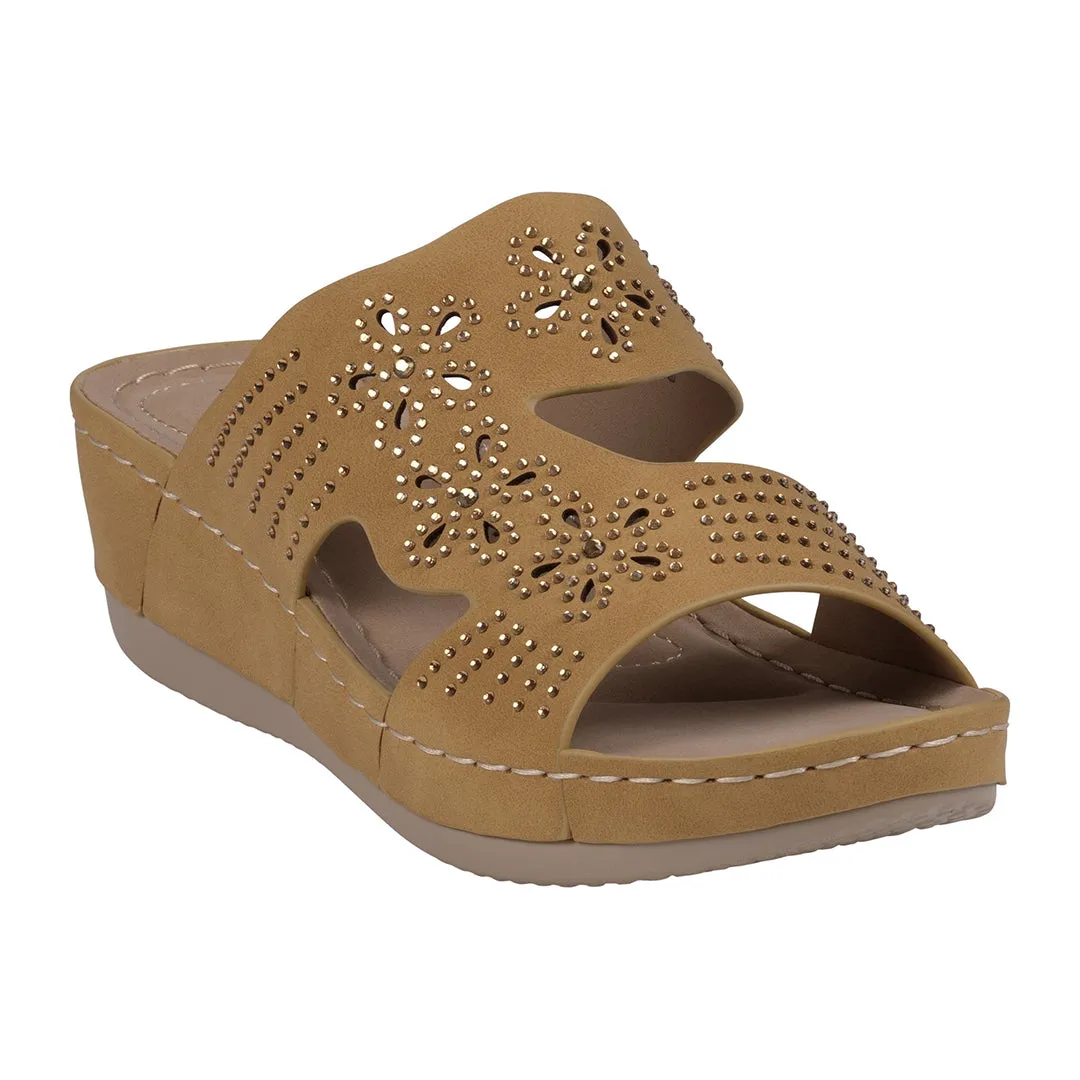 Santiago Yellow Perforated Studded Wedge Sandals