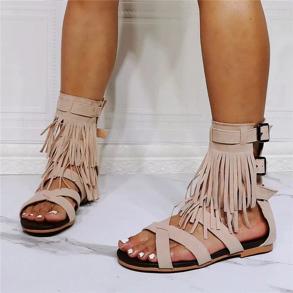 Summer Casual Women's Solid Comfortable Fringe Buckle Strap Sandals