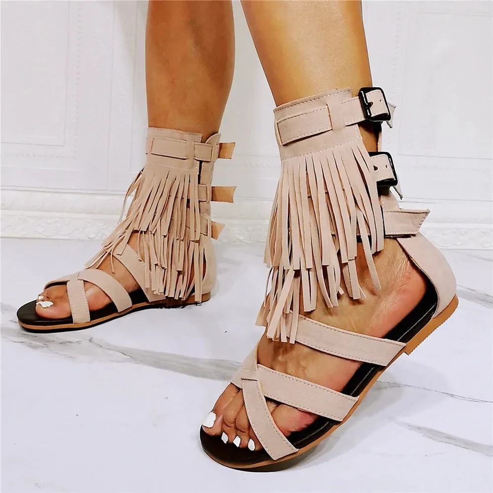 Summer Casual Women's Solid Comfortable Fringe Buckle Strap Sandals