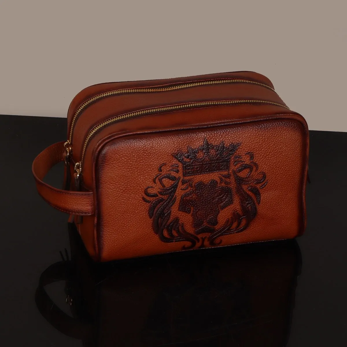 Tan Leather Embossed Lion Travel & Short Travel Toiletry / Slim Kit Bag for Cabin Luggage By Brune & Bareskin