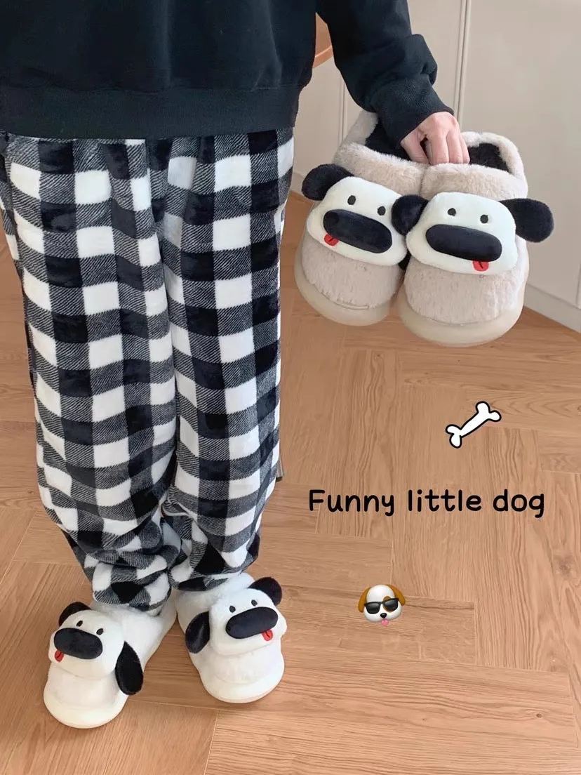 Thin strips of cute and cute three-dimensional dog couple cotton slippers to keep warm and non-slip winter internet celebrity ho