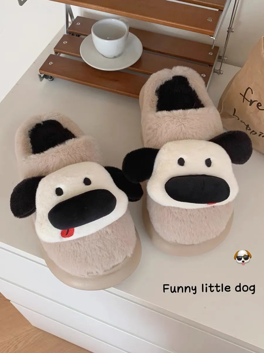 Thin strips of cute and cute three-dimensional dog couple cotton slippers to keep warm and non-slip winter internet celebrity ho