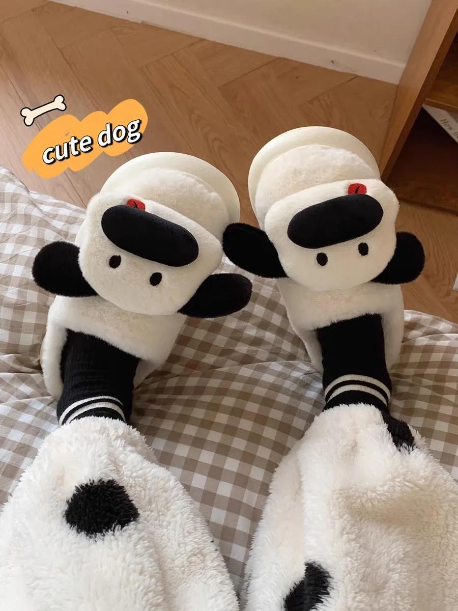 Thin strips of cute and cute three-dimensional dog couple cotton slippers to keep warm and non-slip winter internet celebrity ho