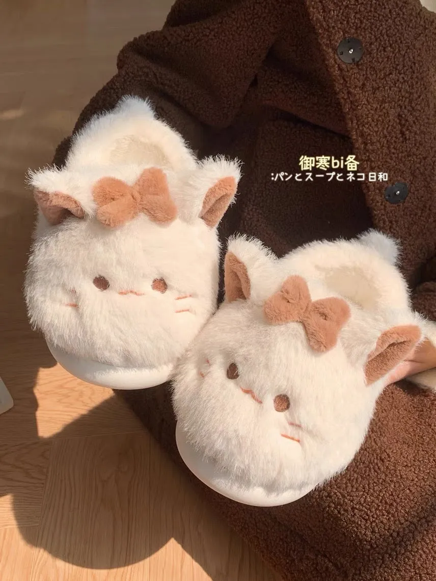 Thin strips of winter cotton slippers Japanese style cute kitten bag heel non-slip warm furry confinement shoes girly heart