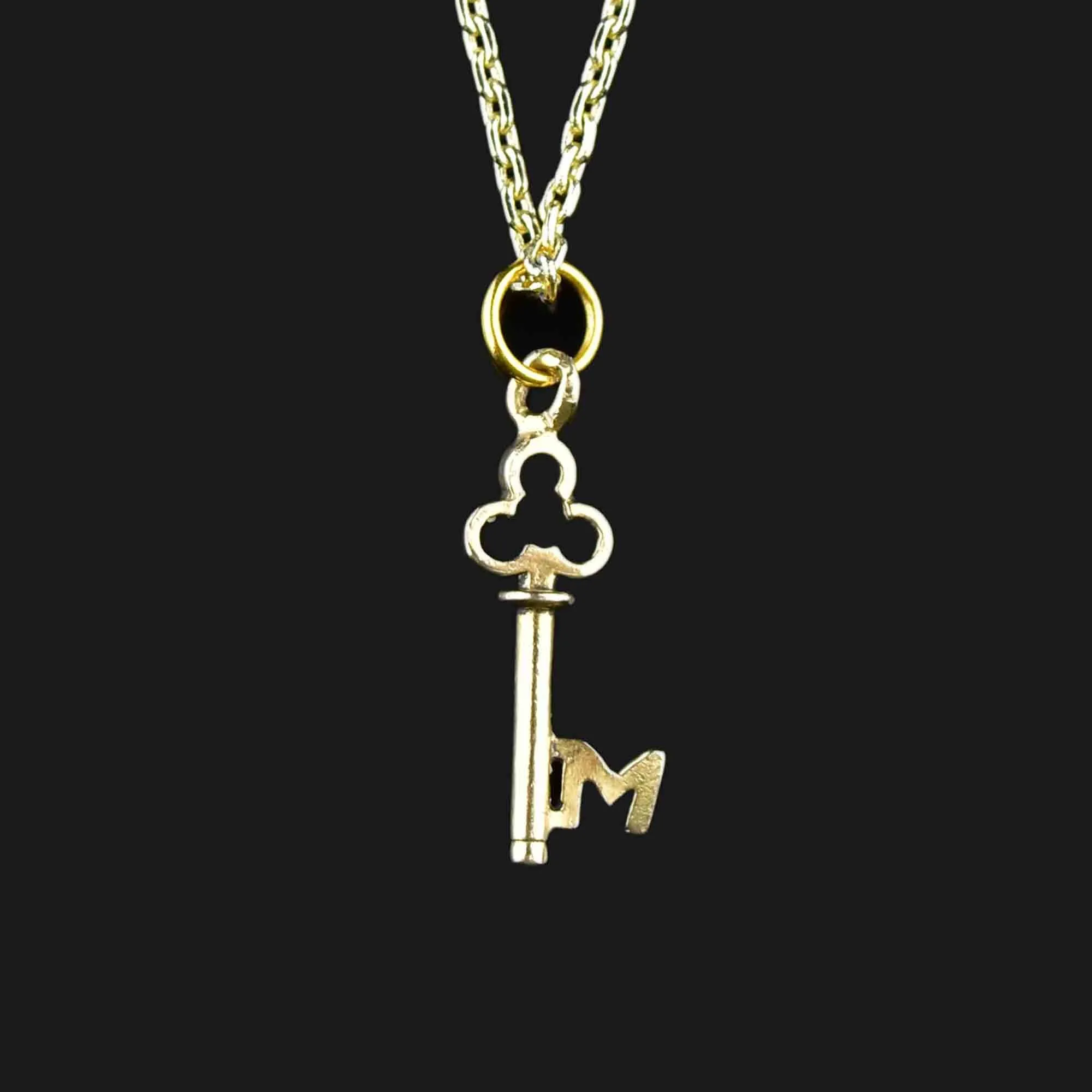 Vintage 14K Gold M Initial Skeleton Key Pendant Necklace