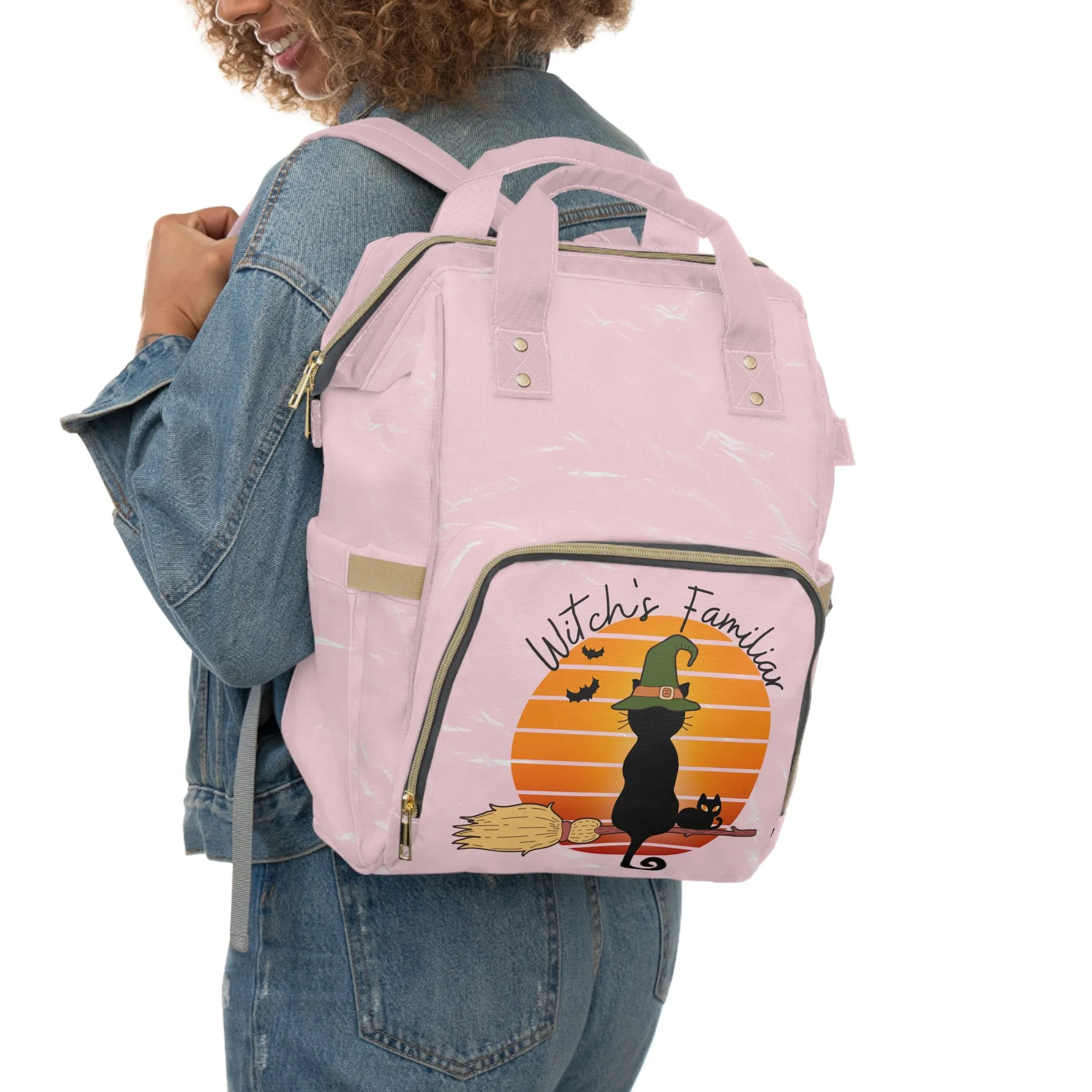 Witchy Black Cat Retro Sunset Large Capacity Backpacks